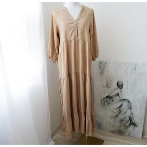 Zara Tan Midi Sundress with V-Neck and Bishop Sleeves